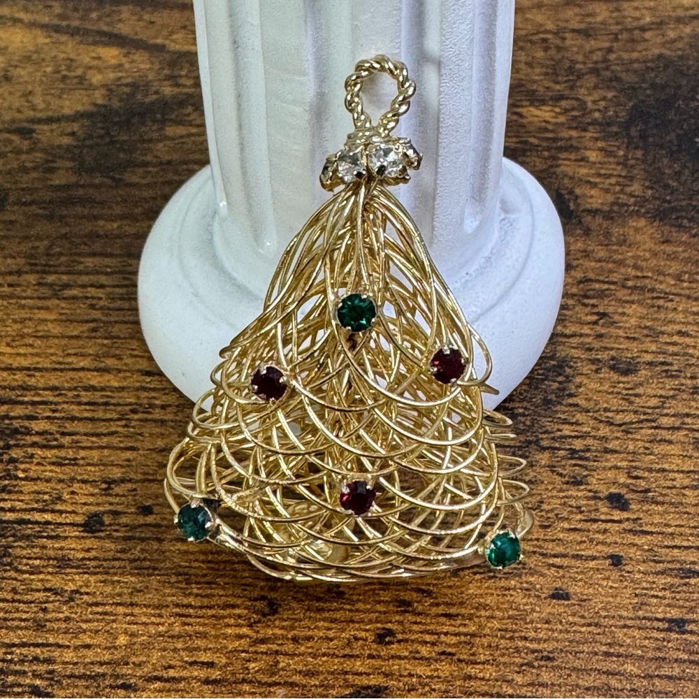 Eisenberg Gold Christmas Tree Brooch Articulated Pin Bird’s Nest Rhinestone